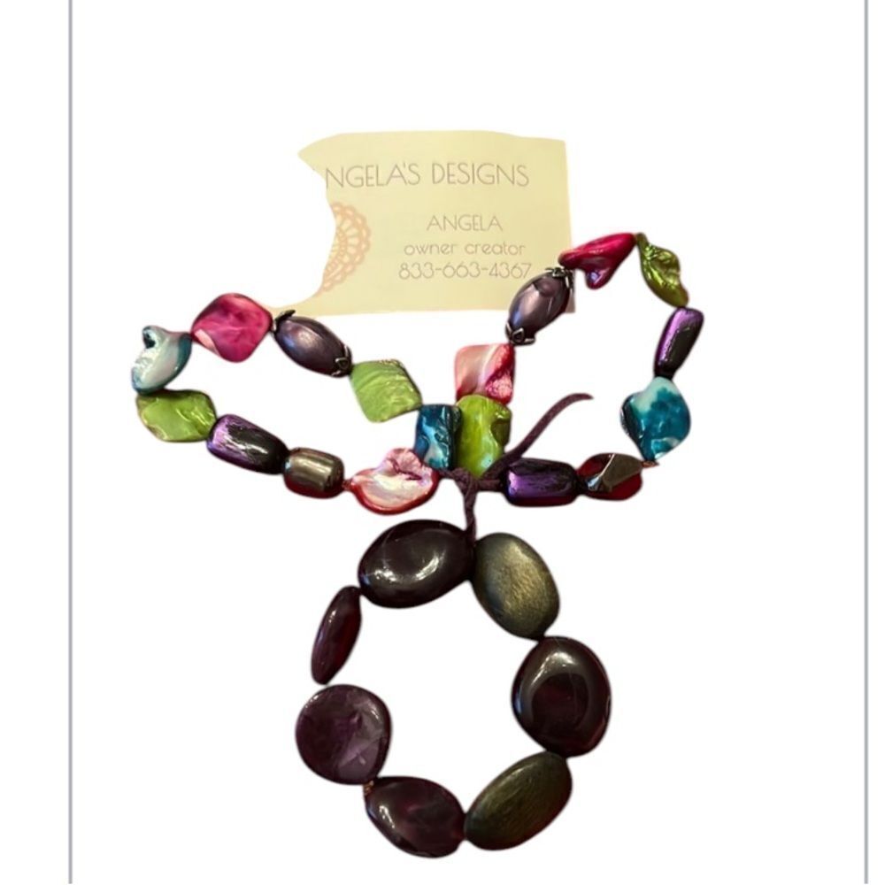 NWT Angela’s Designs 3 stretchy bracelets purple pink green beads & shells